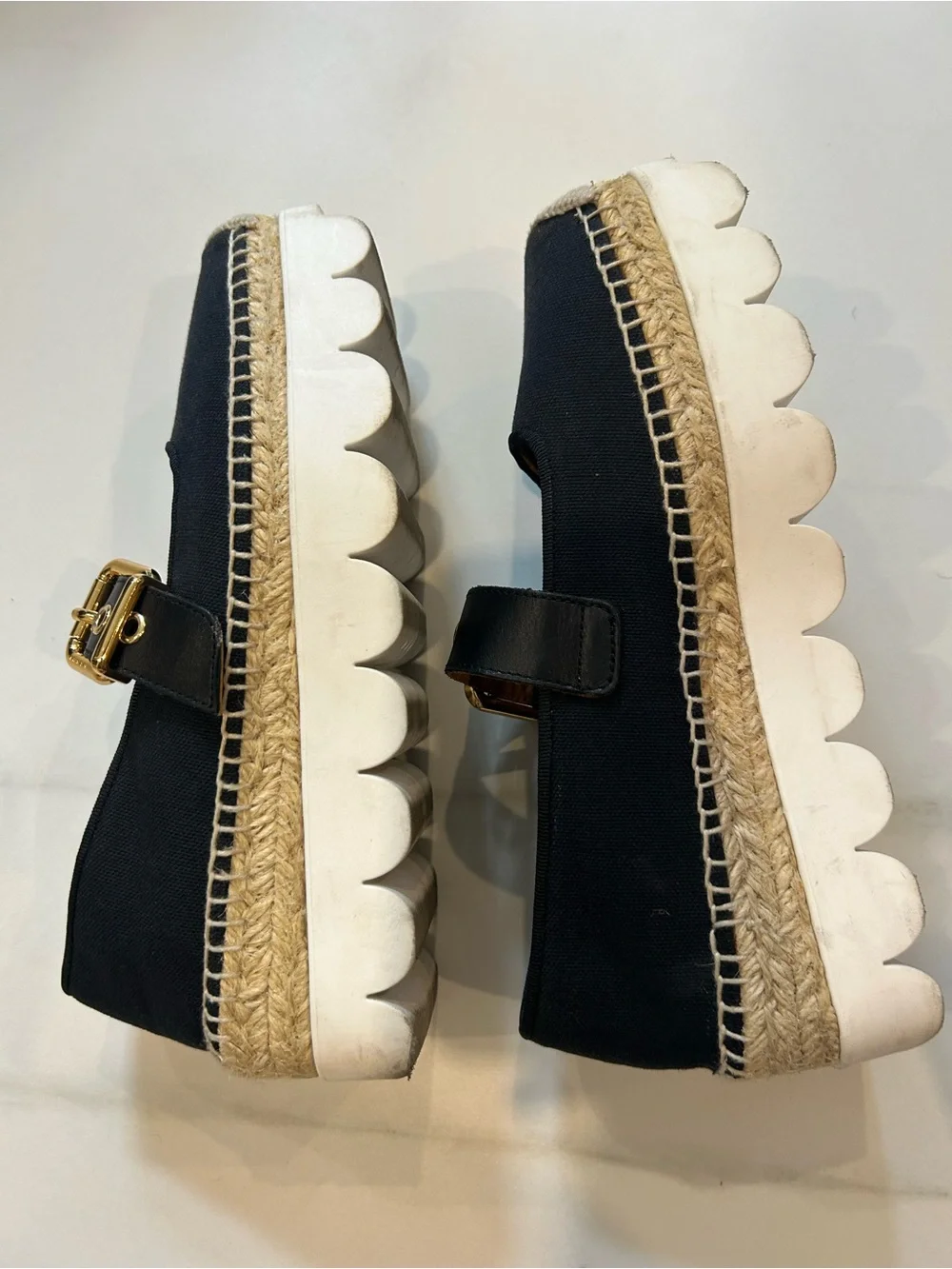 Marni Black Espadrille Mary Jane Flats with Gold Buckles